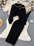 Long Sleeve Pearl Sweater + Knitted Camis Dress Set