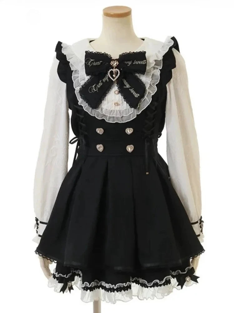 Vestido japonés JK dulce falso de dos piezas Kawaii nuevo con lazo estampado, vestidos Lolita delgados a la moda, trajes vintage Harajuku para mujer, estilo hada