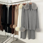 Chaqueta de piel Reality Jersey, cuello de piel de zorro real, otoño invierno, traje de jersey para mujer, jerséis de piel de mapache, conjunto de pantalones para mujer