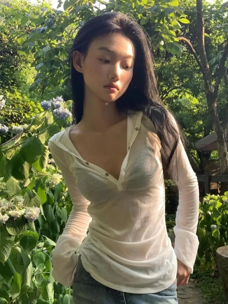 Seeslim Camiseta con Capucha Mujer Ropa Manga Larga Transparente Ajustada Ropa de los 2000 Camisetas Y2k Ropa Femenina Tops Elegantes de Primavera Coreanos