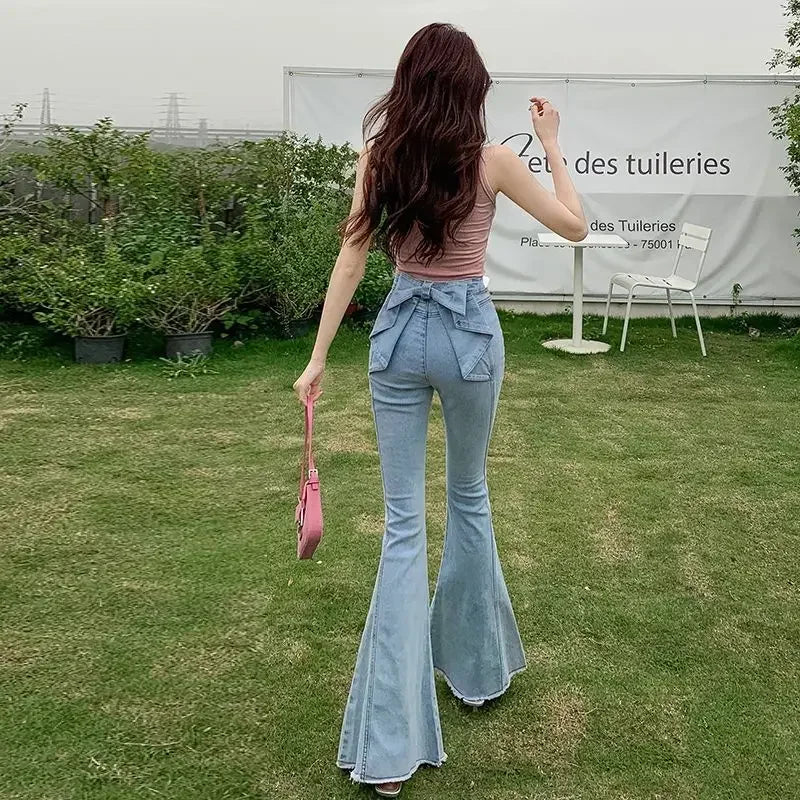 Pantalones vaqueros vintage de cintura alta Y2k con nudo de mariposa 3D para mujer, ropa de calle de primavera verano, pantalones vaqueros casuales, moda, pantalones acampanados ajustados