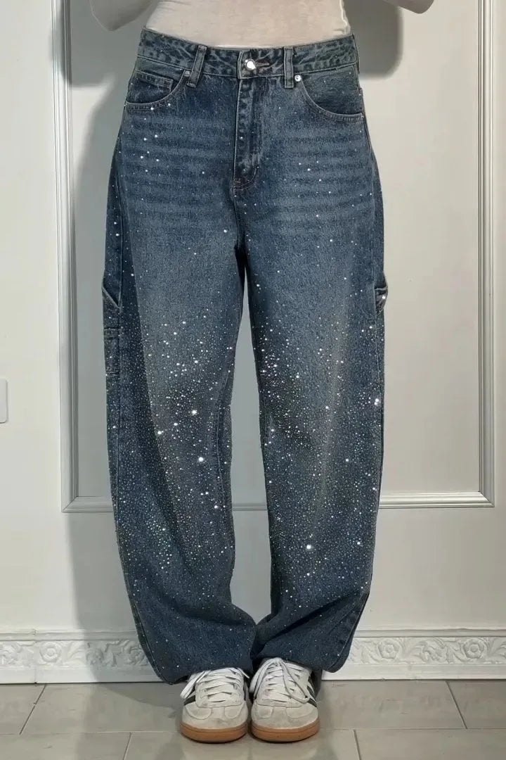 Pantalones vaqueros de mujer con estrellas bordadas y diamantes de imitación, estilo vintage informal de mezclilla con detalles brillantes