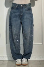 Pantalones vaqueros de mujer con estrellas bordadas y diamantes de imitación, estilo vintage informal de mezclilla con detalles brillantes