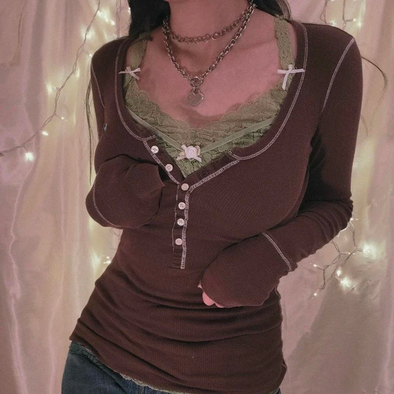 Camiseta retro grunge cottage de los 2000, punto acanalado de otoño, manga larga, corte entallado, estilo Y2K, hada, años 90, vintage, cuello de pico, crop tops para mujer