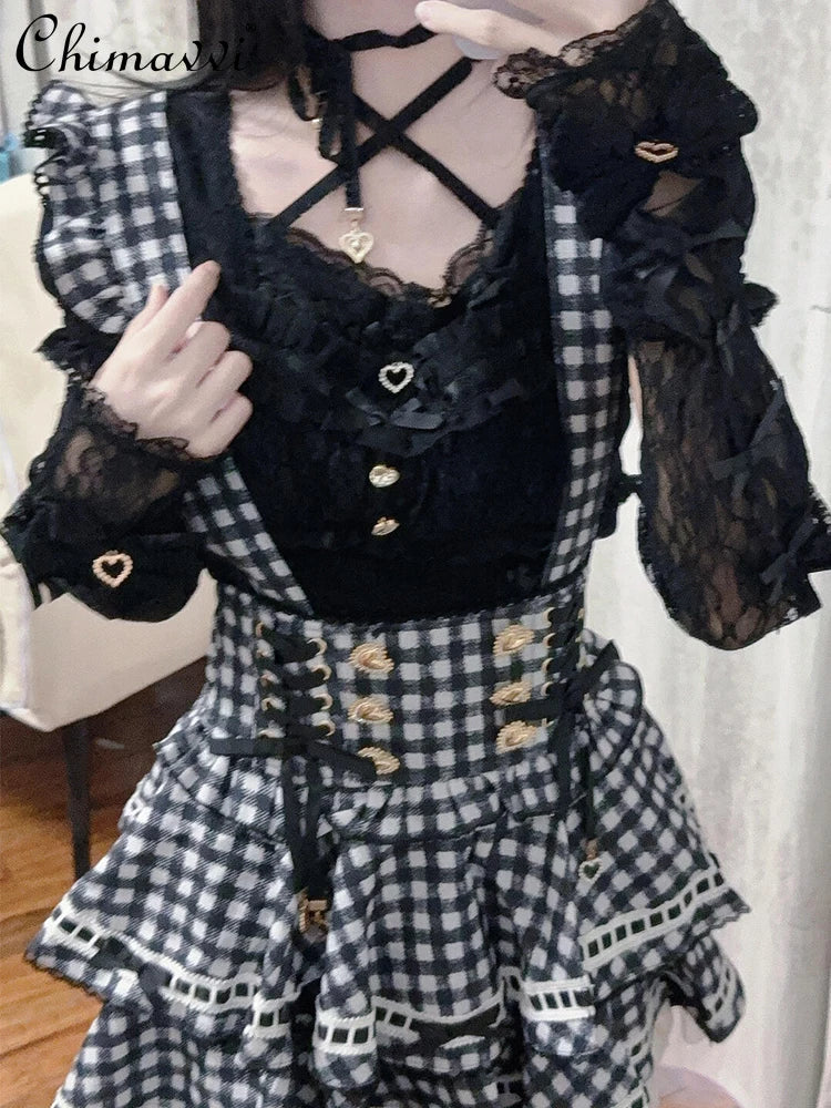 Heavy Patchwork Sleeve Tie Lace Bow Shirt