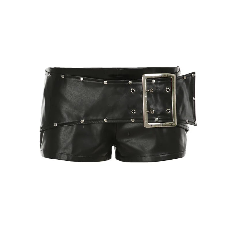 Pantalones cortos de cuero de cintura baja con remaches y hebilla sexy para mujer, estilo Y2k Spice Girl Punk, nueva colección otoño 2025