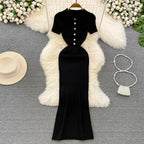 REALEFT Verano 2026 Nuevo Polo de Mujer Vestido Largo Tejido Sólido Elegante Manga Corta Botones Vestido Bodycon Envolvente Femenino