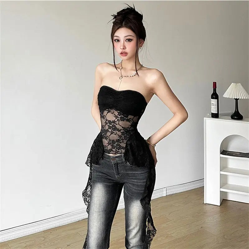 Lace Irregular Hem One-Shoulder Strap Bodycon Tank Top