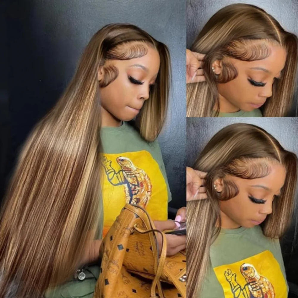 P4 27 34inch Colored Silky Straight Human Hair Wig 250 Density 13x4 Lace Forehead, High-Definition Transparent Full Lace Wig Pre Pulled and Bleached Hair Knots  No Glue Required  Suitable for Black Women