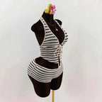 Knitted Lace up Slim Fit Halterneck Vest + Half-Length Shorts Set