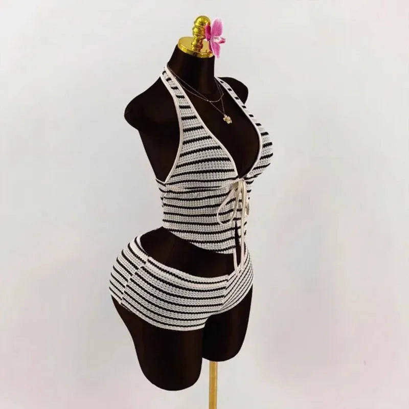 Knitted Lace up Slim Fit Halterneck Vest + Half-Length Shorts Set