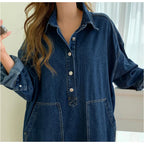 2025 Nuevo vestido vaquero coreano retro suelto de mujer estilo occidental grande, informal, con cuello, abertura, para el trabajo, versátil y que reduce la edad