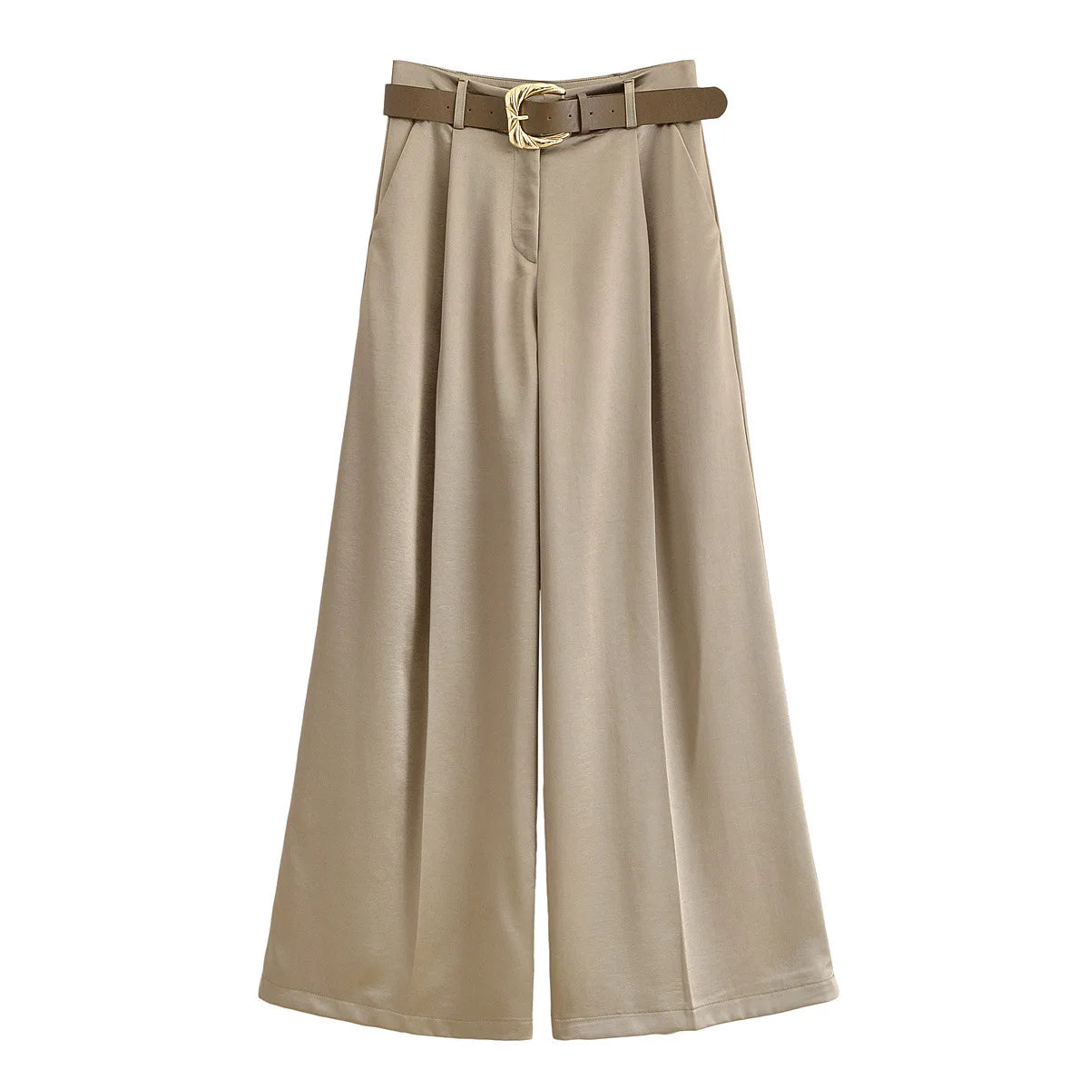 Pantalones anchos de mujer de talle alto con cinturón, ropa de calle elegante de verano, pantalones rectos sueltos informales para mujer, pantalones de satén con estampado de leopardo para mujer