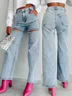 Pantalones Vaqueros de Mujer de Moda Cintura Alta Versátiles Casuales Perforados Rectos Jeans Femeninos Y2k Streetwear Primavera/Verano 2024