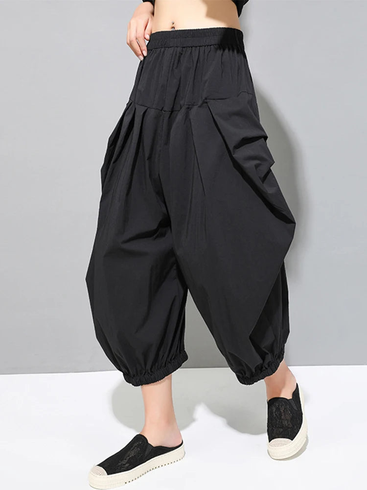[EAM] Pantalones Casuales Plisados Negros de Cintura Alta Elásticos Nuevos Pantalones Sueltos de Moda para Mujer Marea Primavera Otoño 2026 1DF4770