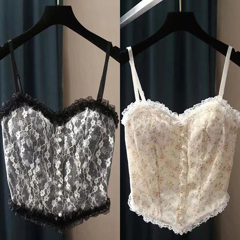 1 unidad de camiseta sin mangas corta con estampado francés de encaje para verano, corpiño, top tubo para mujer, elegante, entallado, chaleco corto, ropa de calle