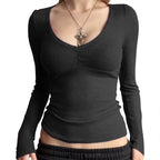 Camiseta retro grunge cottage de los 2000, punto acanalado de otoño, manga larga, corte entallado, estilo Y2K, hada, años 90, vintage, cuello de pico, crop tops para mujer