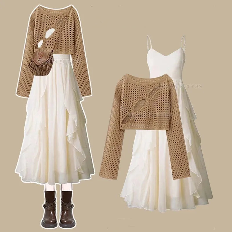 Hollow Long Sleeve Top + Denim Strap Skirt Set