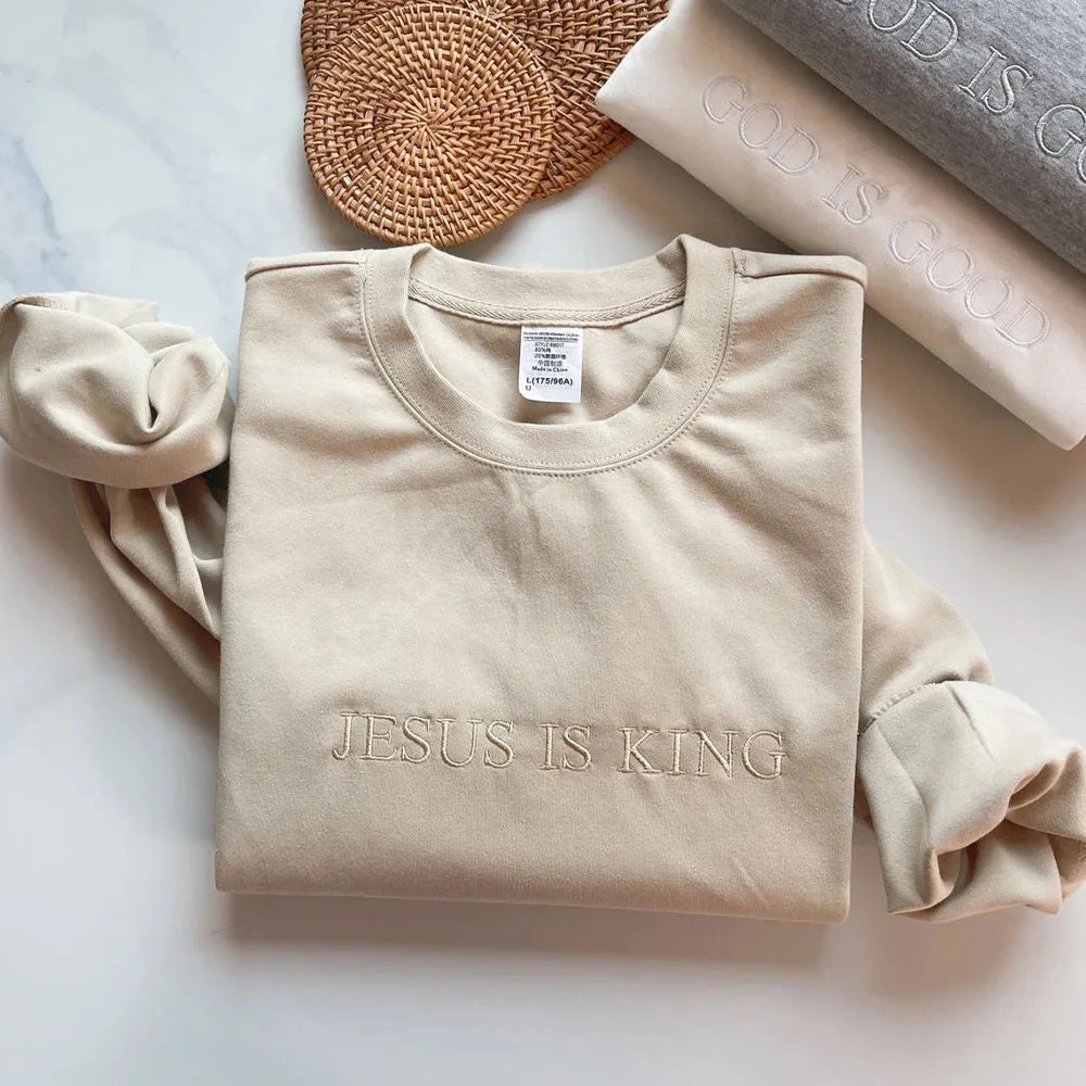 Sudaderas informales bordadas con letras "God is Good" para mujer, jerséis finos de algodón, holgados de primavera, sudadera cristiana de manga larga