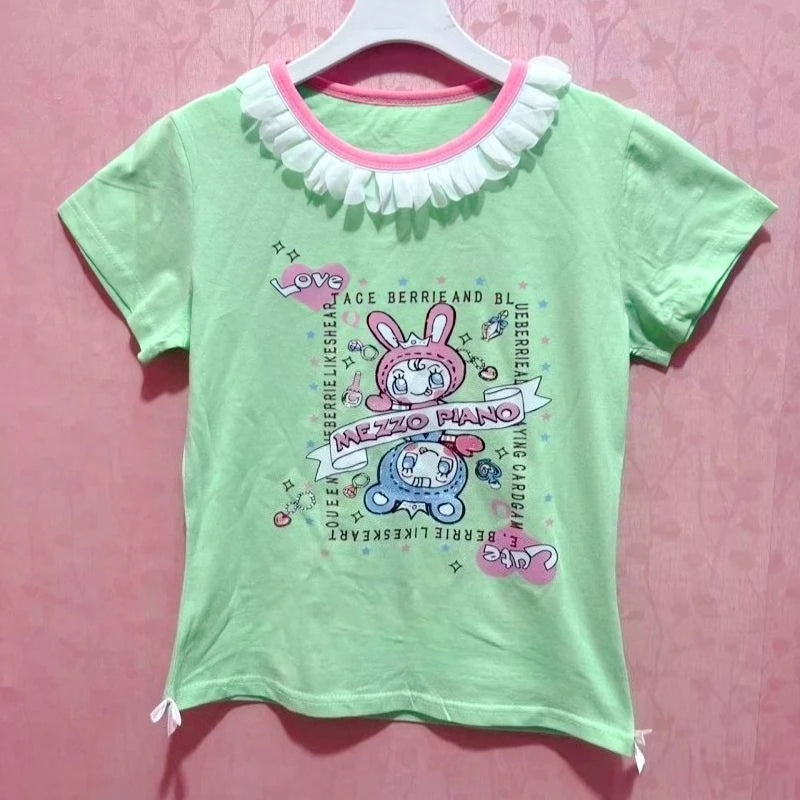 Blusa Estampada Kawaii Sweet Lolita para Mujer Manga con Volantes Encaje Camiseta con Ribete de Lazo Decoración Personaje de Dibujos Animados Estampado Integral Top Lindo