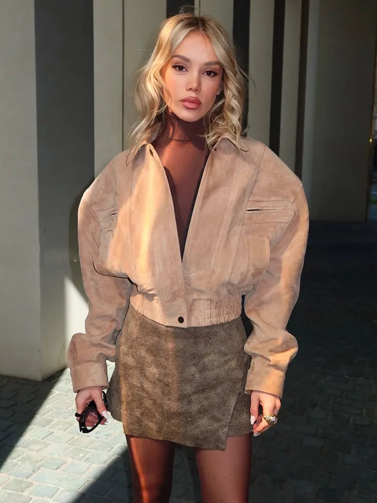 Chaquetas Cortas Sólidas para Mujer Moda Solapa Cremallera Manga Larga Bolsillo Abrigo Corto Otoño 2025 Informal Streetwear para Mujer Nueva Prenda Exterior
