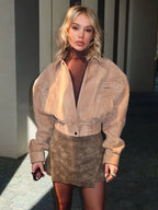 Chaquetas Cortas Sólidas para Mujer Moda Solapa Cremallera Manga Larga Bolsillo Abrigo Corto Otoño 2025 Informal Streetwear para Mujer Nueva Prenda Exterior