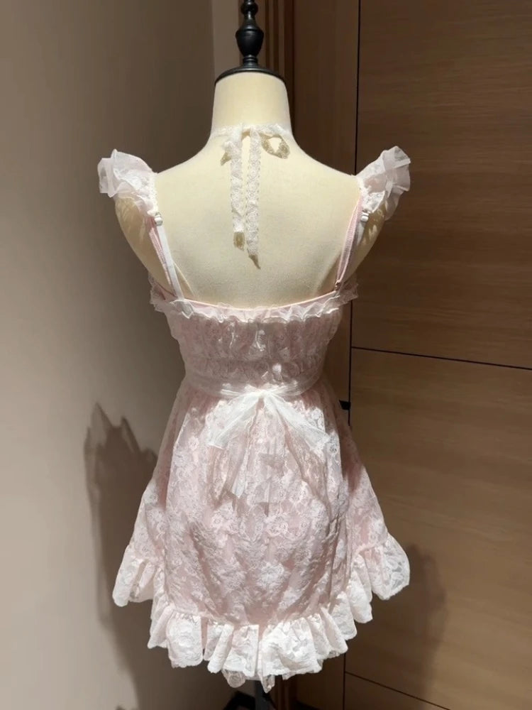 Lace Blouse Bow Sling Dress Two-Piece Set
