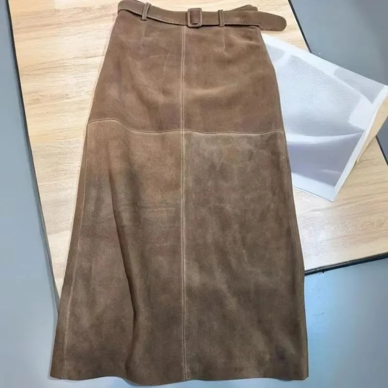 Genuine Leather Suede Long Skirt