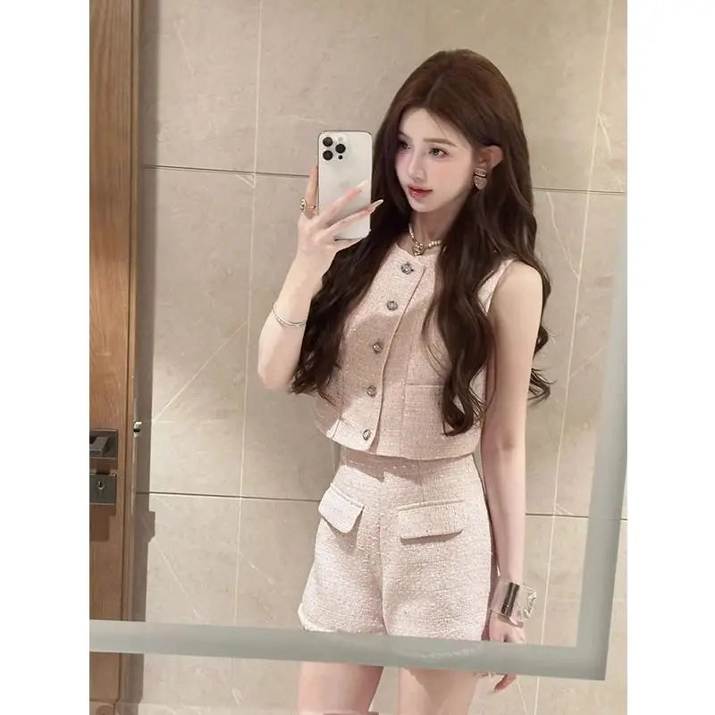 Sleeveless Single-Breasted Tank High-Waisted Straight Shorts Set