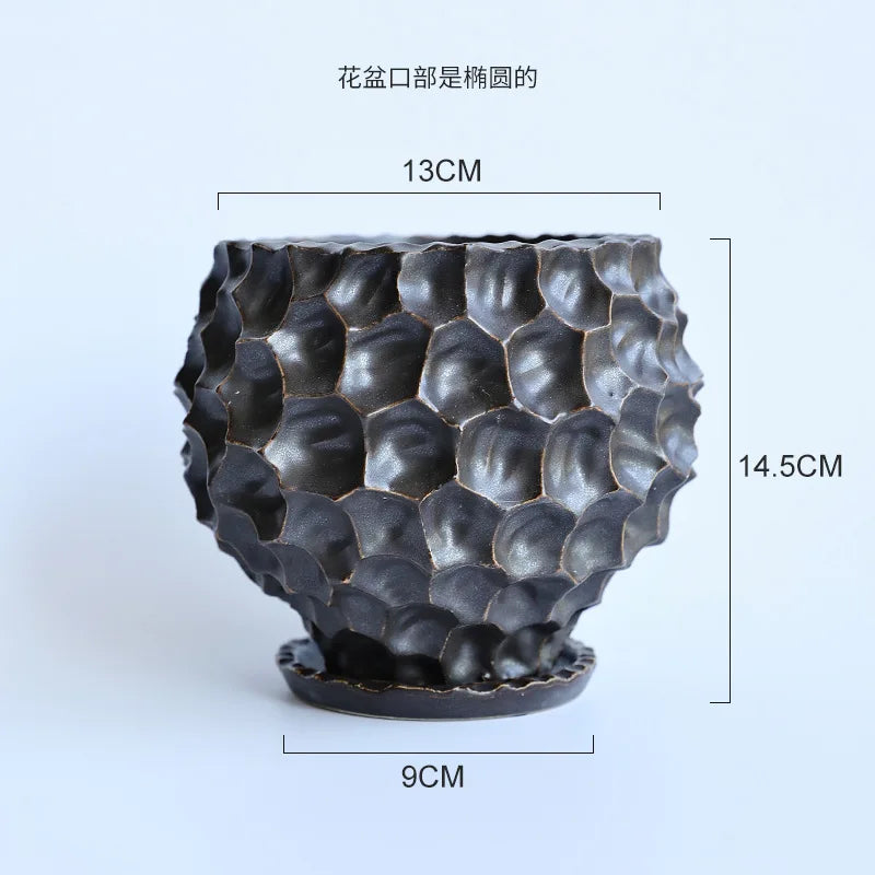 Black Ceramic Flowerpot with Tray