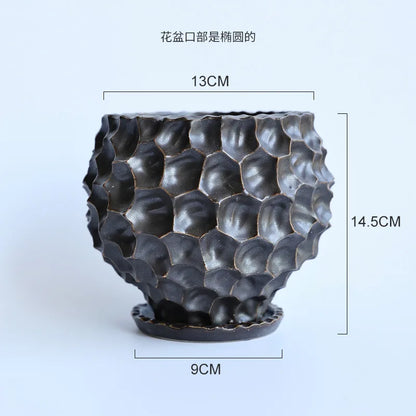 Black Ceramic Flowerpot with Tray