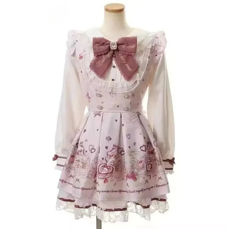 Vestido japonés JK dulce falso de dos piezas Kawaii nuevo con lazo estampado, vestidos Lolita delgados a la moda, trajes vintage Harajuku para mujer, estilo hada
