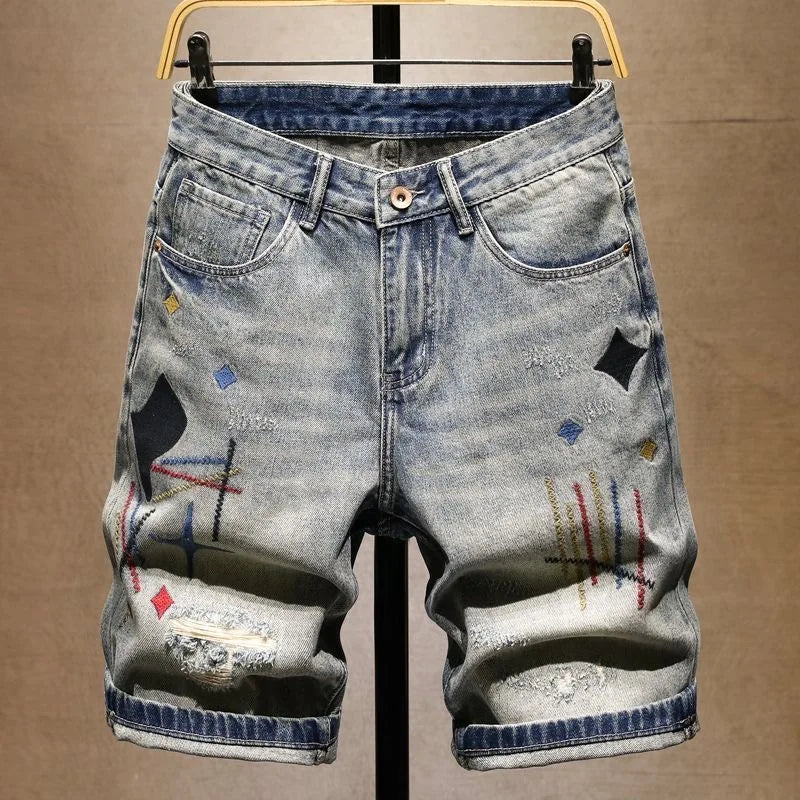 Printed Straight-Leg Stretch Sports Denim Shorts