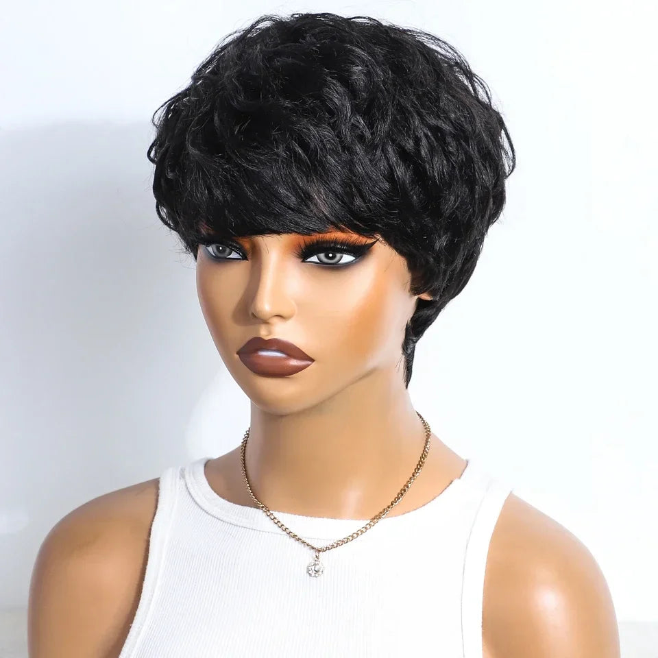 Mixed Brown Short Pixie Cut Curly 100% Human Hair Wig For Women Brazilian Remy Hair Colored Side Part Full Machine Wigs