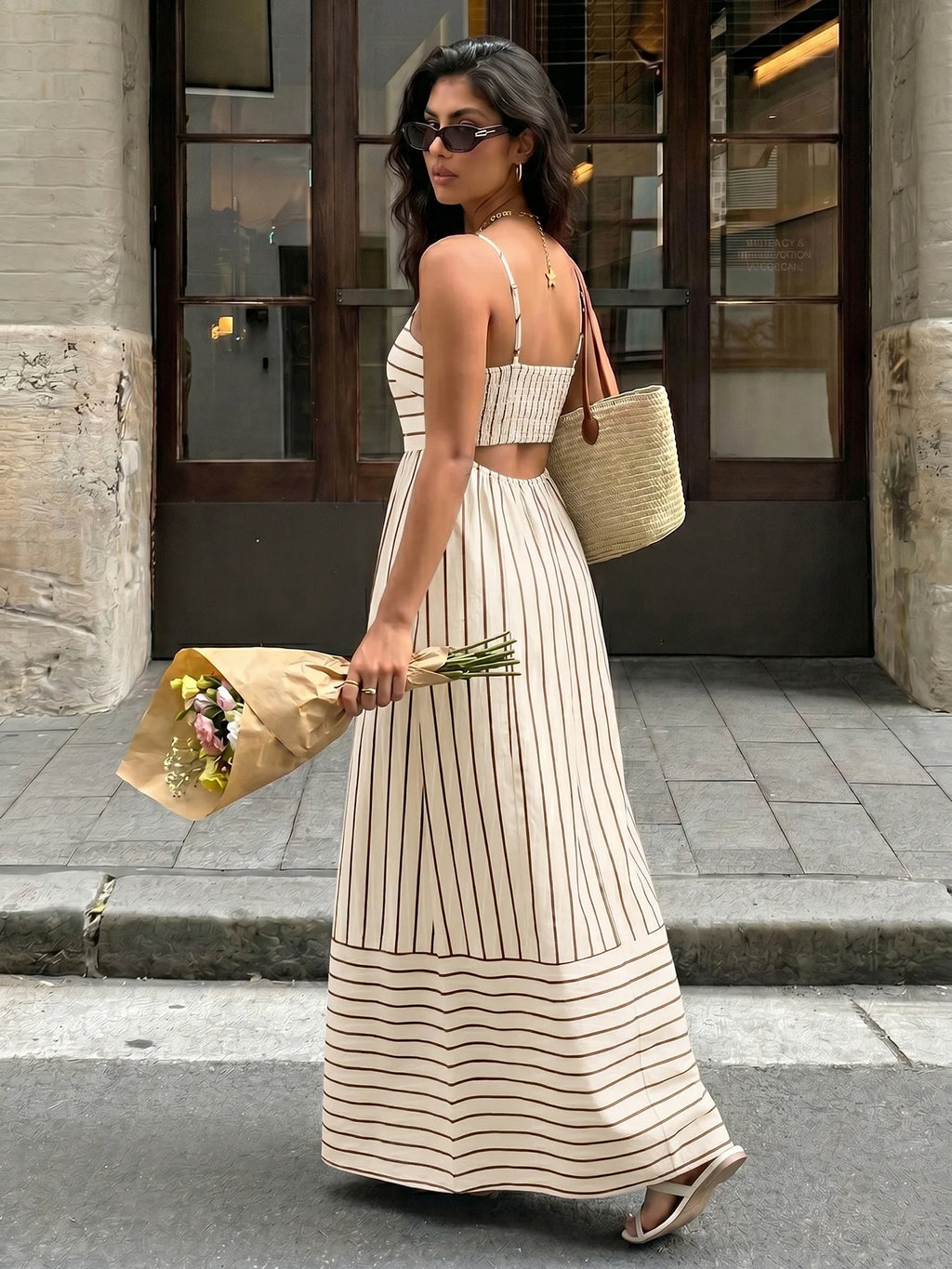 Striped Backless Loose Beach Dress