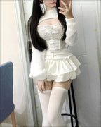 Crop Pullover + Lace Bow Vest + Ruffled Mini Cake Skirt Set