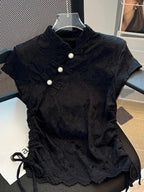 Camisas chinas con cuello alto, manga corta, color liso, cordón, jacquard, tops cortos, ropa de mujer elegante y delgada de verano