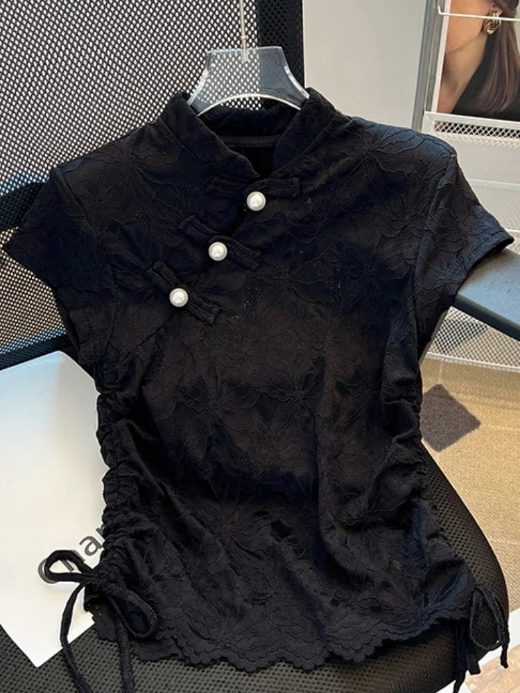 Camisas chinas con cuello alto, manga corta, color liso, cordón, jacquard, tops cortos, ropa de mujer elegante y delgada de verano