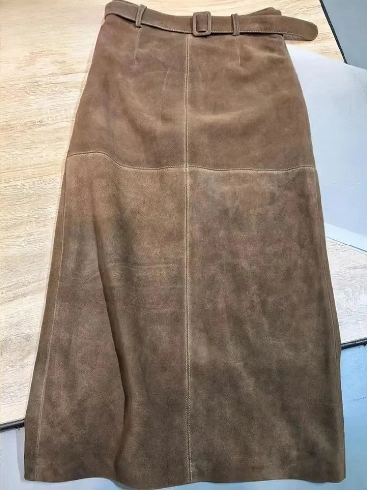 Genuine Leather Suede Long Skirt