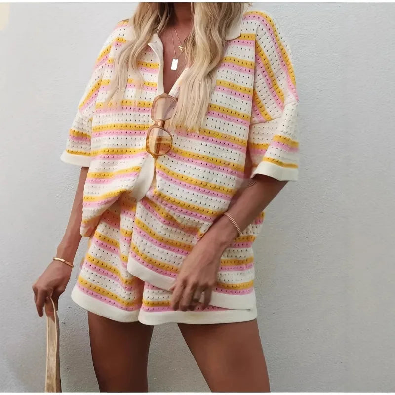 Hollow Striped Knitted 2 Pieces Set
