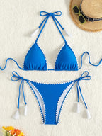 ZTVitality Conjunto de bikini azul sexy 2024 Novedad Biquini Sujetador con relleno Halter Vendaje Traje de baño Ropa de baño para mujer Pespuentes de látigo Verano