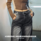 Maden Jeans Negros 3D-Cut para Mujer, de Tiro Medio, Pantalones Rectos, Temporada de Primavera y Otoño, Pantalones Casuales, Jeans de Moda Urbana