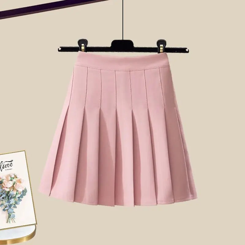 Short Sleeve Shirt Top + Short Pleated Skirt Two Piece Set
