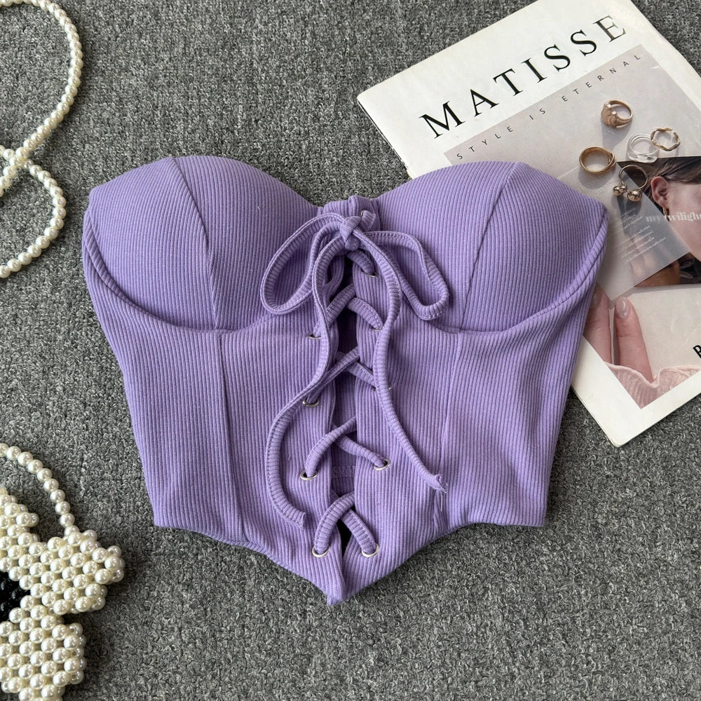 Tops sin espalda para mujer, nueva llegada, cuello tipo slash, sujetador incorporado, ombliguera, con cordones, camisola ajustada, verano, vintage, gallus, dropship
