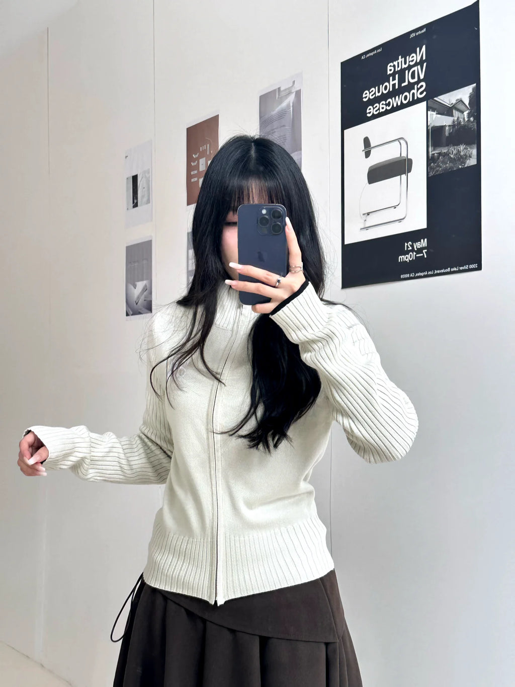 [REコンテナ]Chaqueta de punto con cremallera, cuello alto, color beige liso, estampado con letras bordadas, estilo dulce y atrevido, en stock