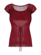 Lace Trim Cap Sleeve Low Cut Shirt