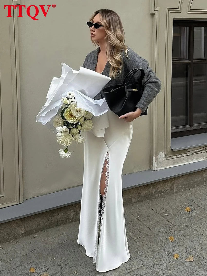 Falda suelta de satén blanco para mujer TTQV Fashion 2026, falda larga sexy de cintura alta, falda clásica elegante con abertura, ropa de mujer