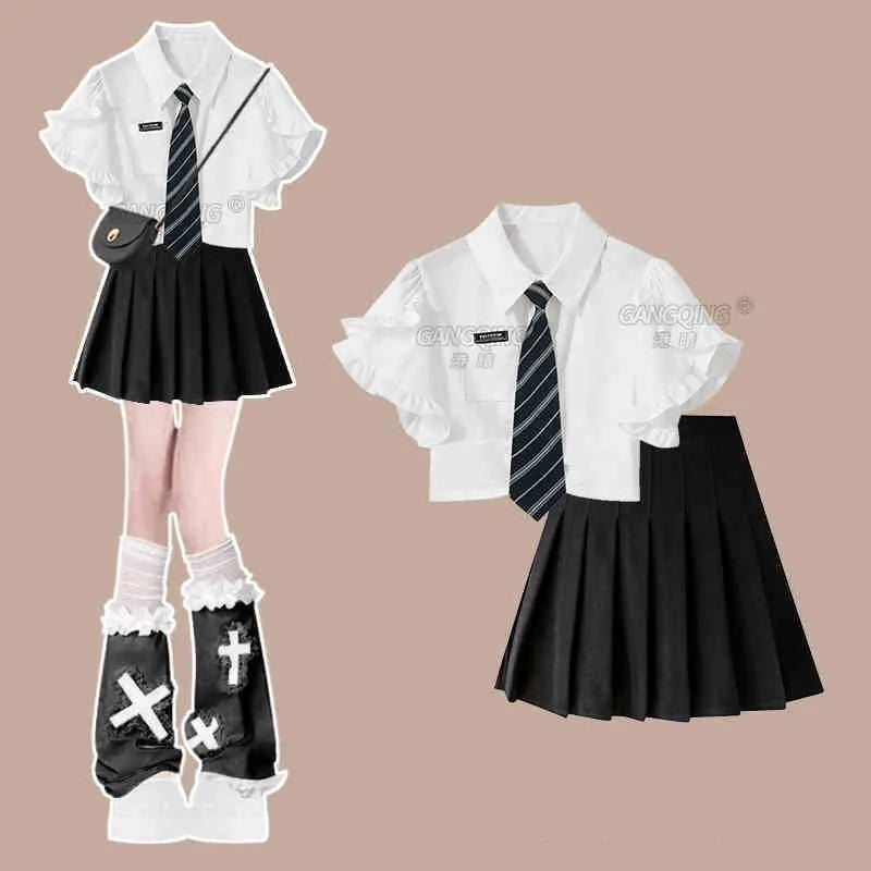 Short Sleeve Shirt Top + Short Pleated Skirt Two Piece Set