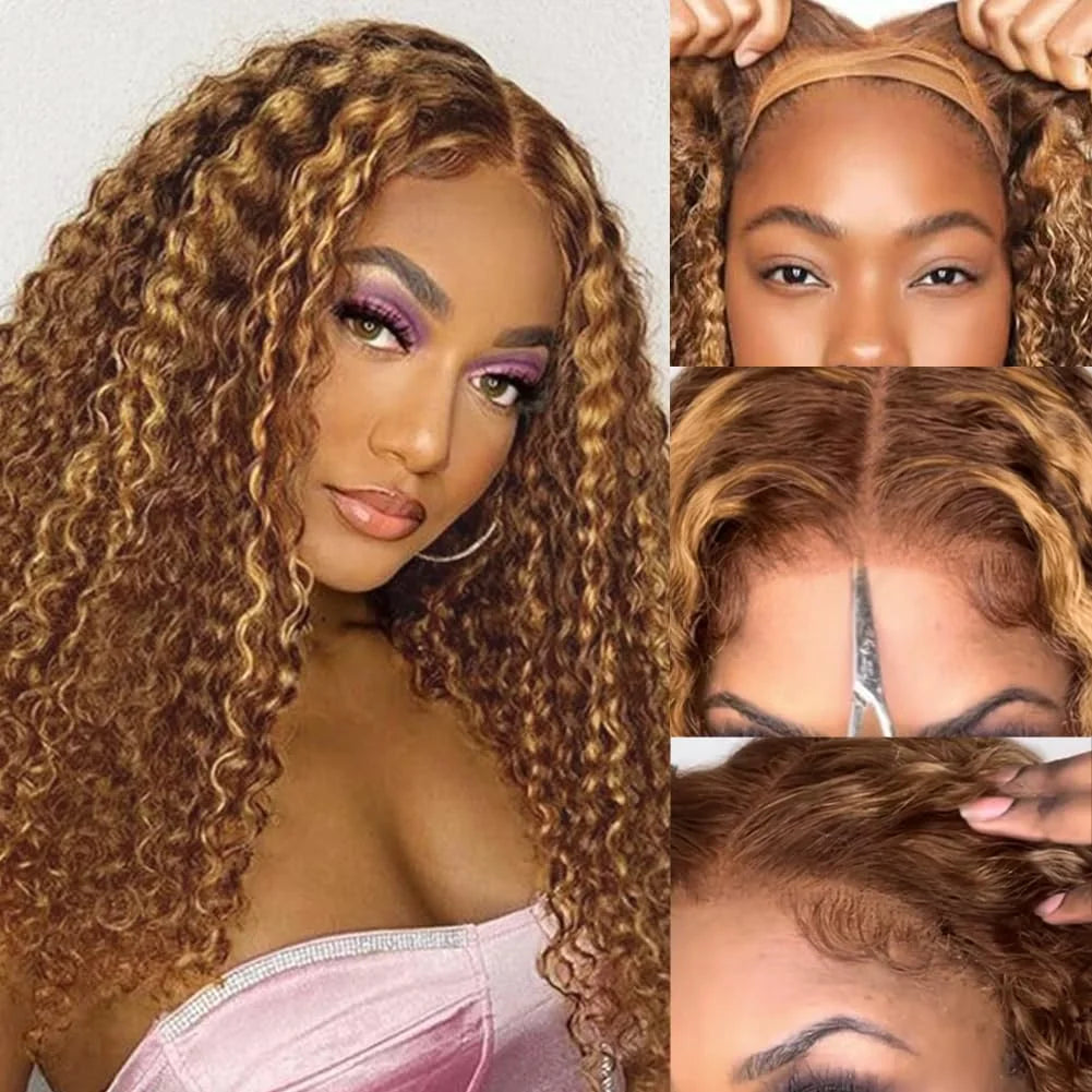 Honey Blonde Curly Wigs 13x6 Glueless Highlight Wig Human Hair Ready To Wear Ombre Colored Brazilian Deep Wave Human Hair Wig