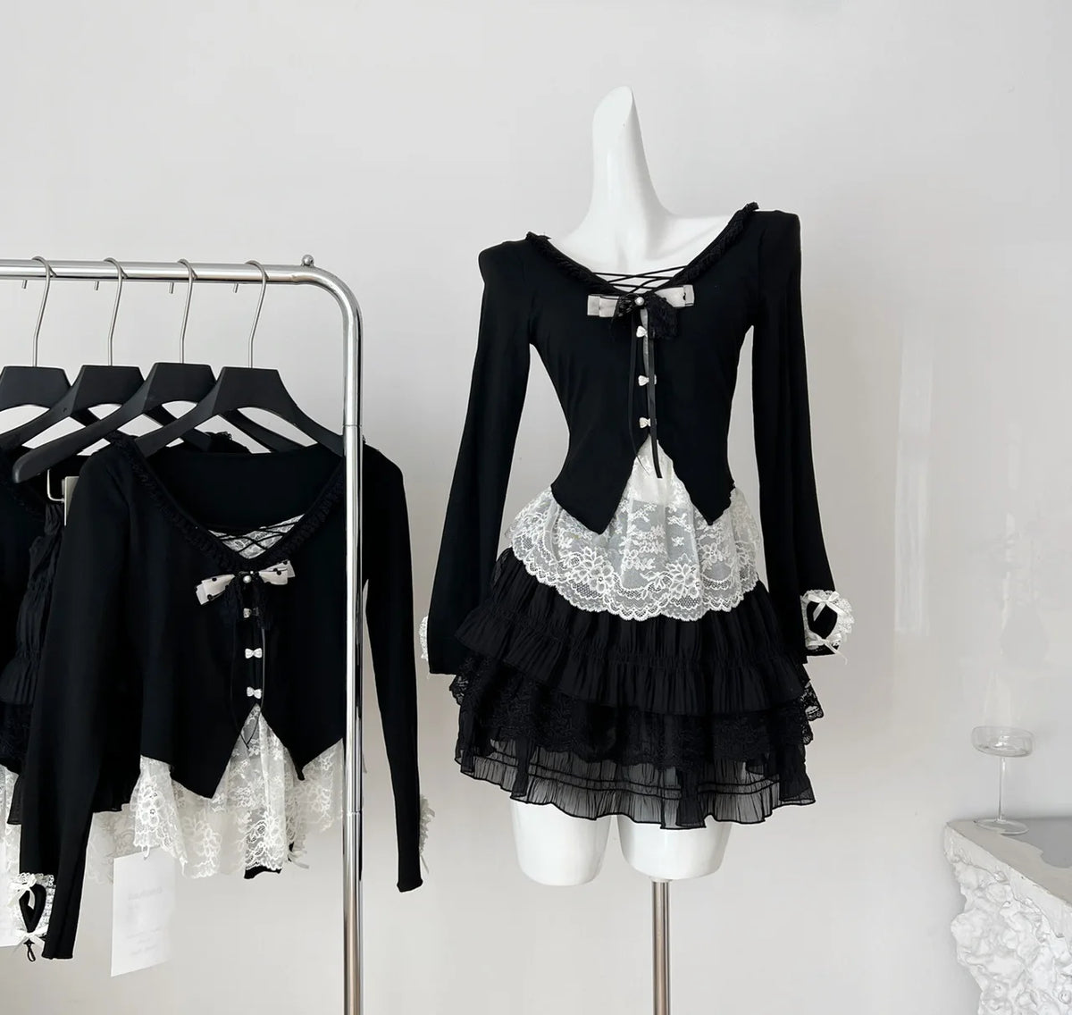 Fake Two-piece Top + Mini Cake Skirt Set